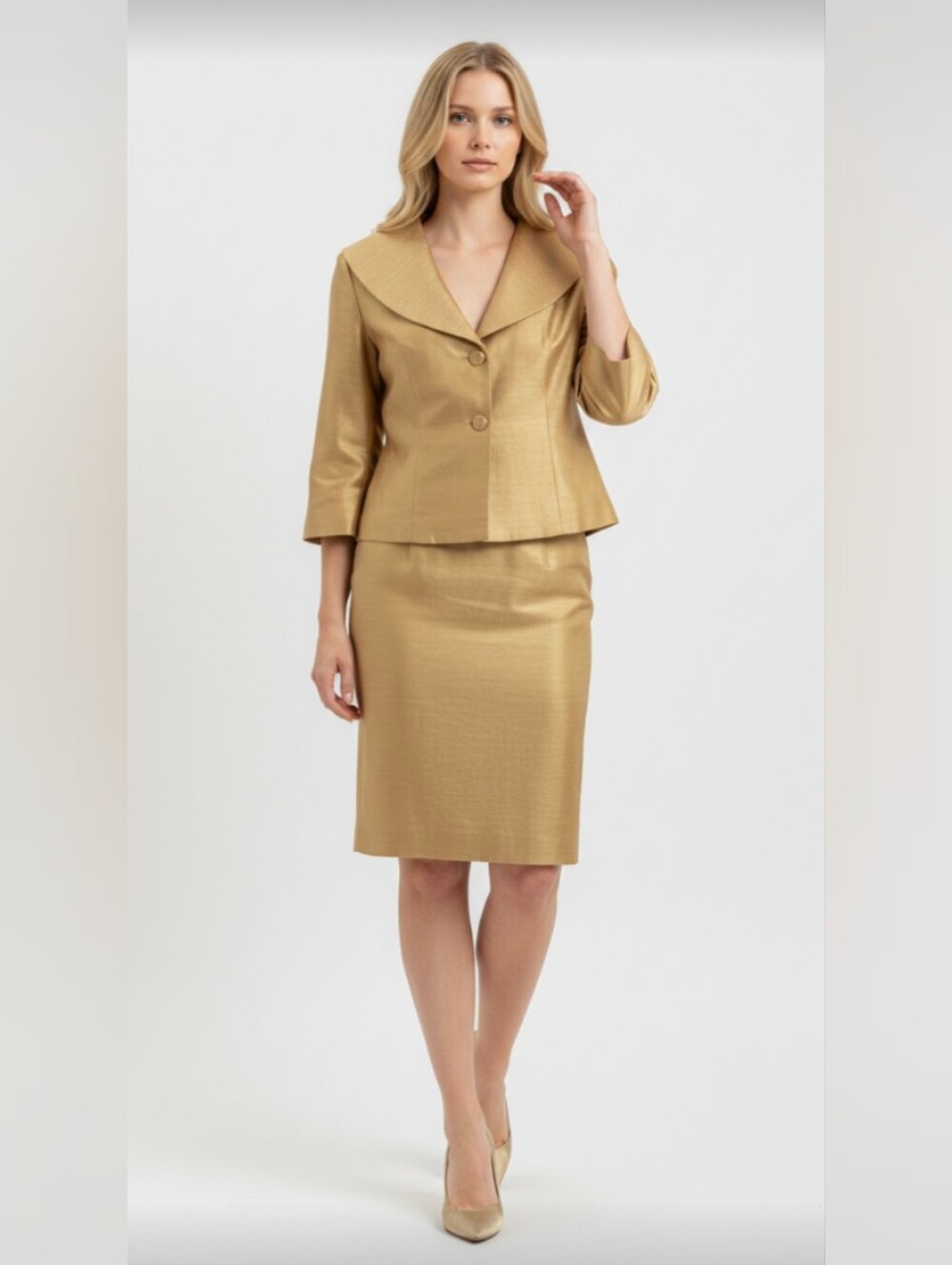 ISABELLA! TRUE GOLD RAW SATIN LOOK 2 PC SKIRT, JACKET/BLAZER SUIT, SET! SZ 18